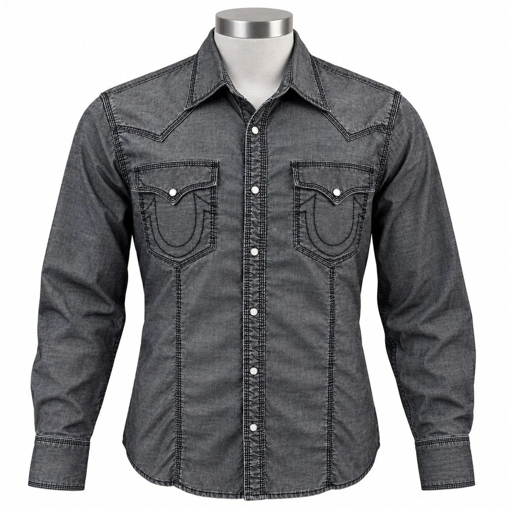 True Religion Rocky Western Pearl Snap Shirt Men's XXL Black Gray Slim Fit